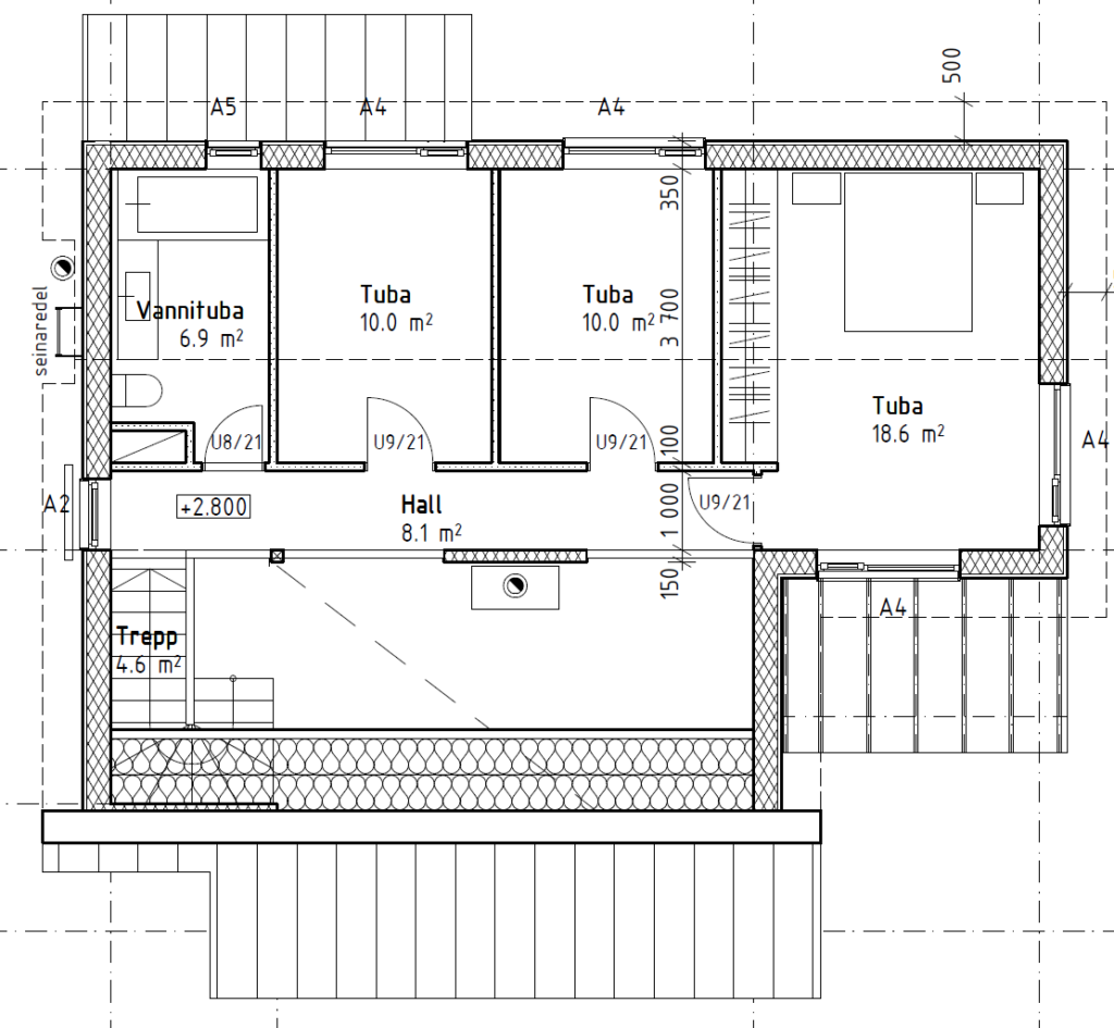 Kahekordne viilkatuse ja nelja magamistoaga maja "Päikesepääsu" - teise korruse plaan