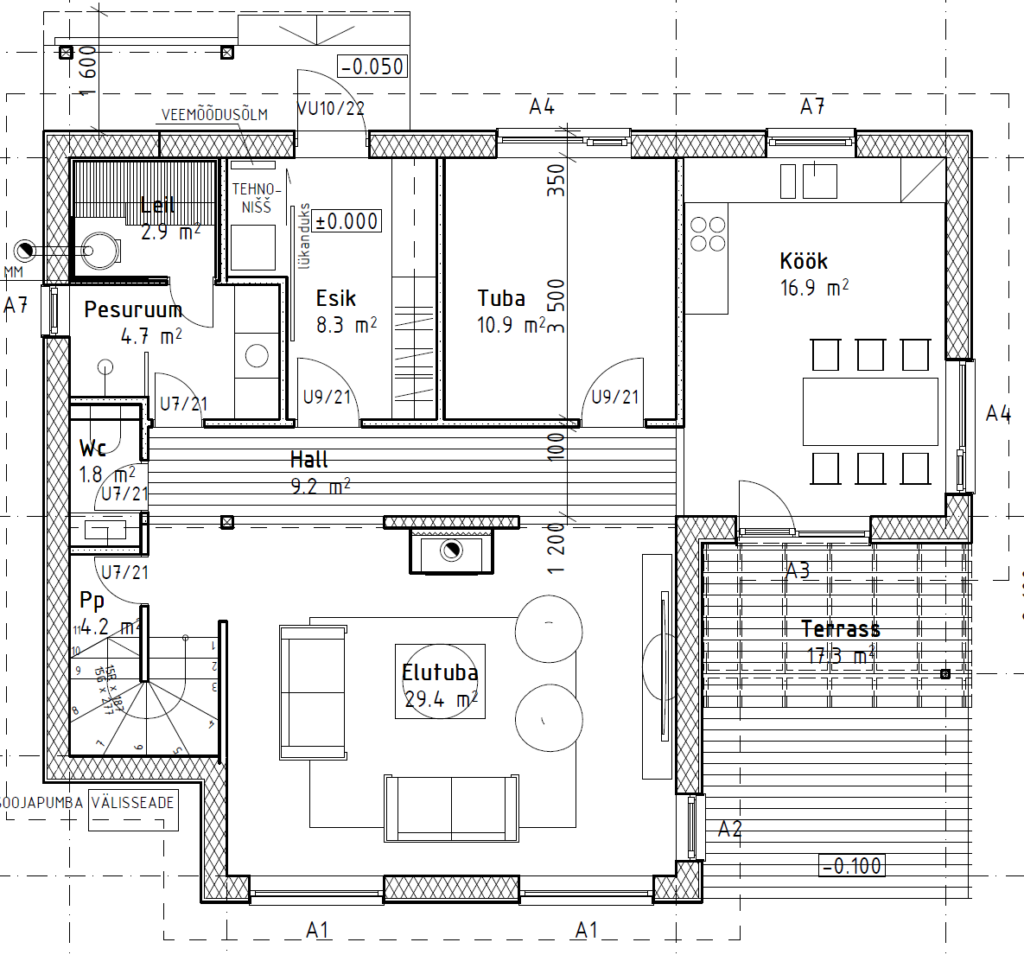 Kahekordne viilkatuse ja nelja magamistoaga maja "Päikesepääsu" - esimese korruse plaan