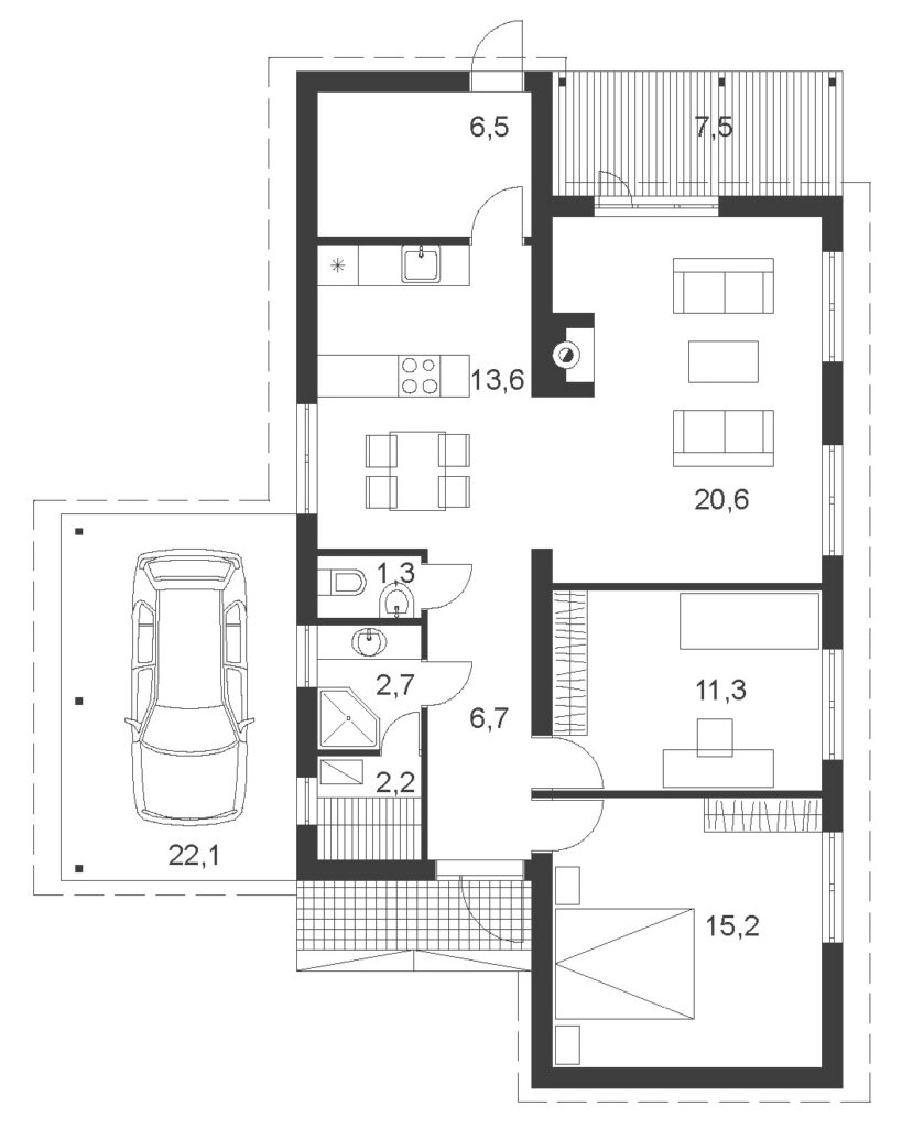 Kolme magamistoaga ühekordse elamu "Väikelõoke" esimese korruse plaan